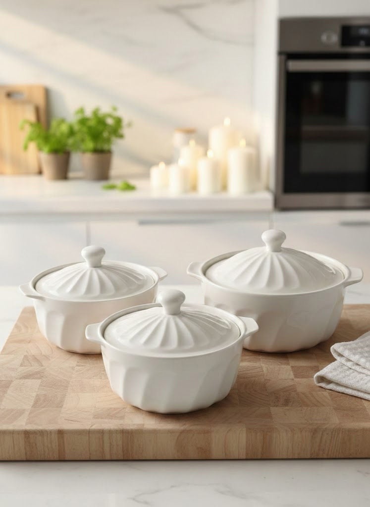 3-Piece Ceramic Soup Bowl Set With Lid White; Small Bowl 9 Inch, Medium Bowl 10 Inch, Large Bowl 11 Inch